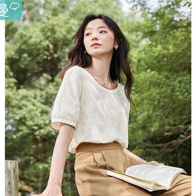 茵曼休闲撞色圆领短袖衬衣女2025年夏季新款宽松显瘦纯棉衬衫上衣
