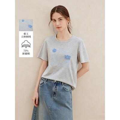 撤柜重工字母花朵刺绣正肩T恤2026夏季女装新款减龄圆领短袖上衣