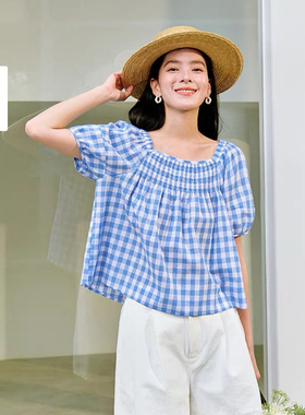 盐系甜美方领格子衬衫女2026年夏季新气质通勤收腰显瘦泡泡袖衬衣