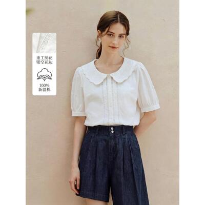 撤柜纯棉白色娃娃衫上衣短袖衬衫女2026夏季法式全棉衬衣打底小衫