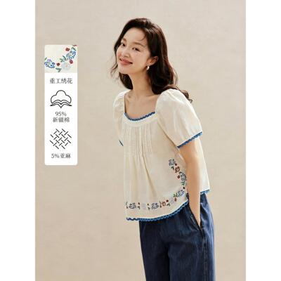 撤柜亚麻棉法式绣花方领短袖衬衫2026年夏季女装新款花边显瘦上衣