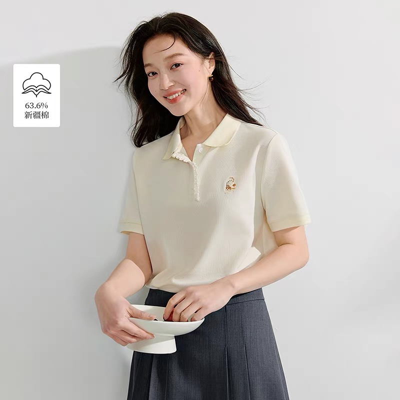 法式刺绣POLO领短袖T恤女2025夏季新款通勤正肩百搭通勤显瘦上衣