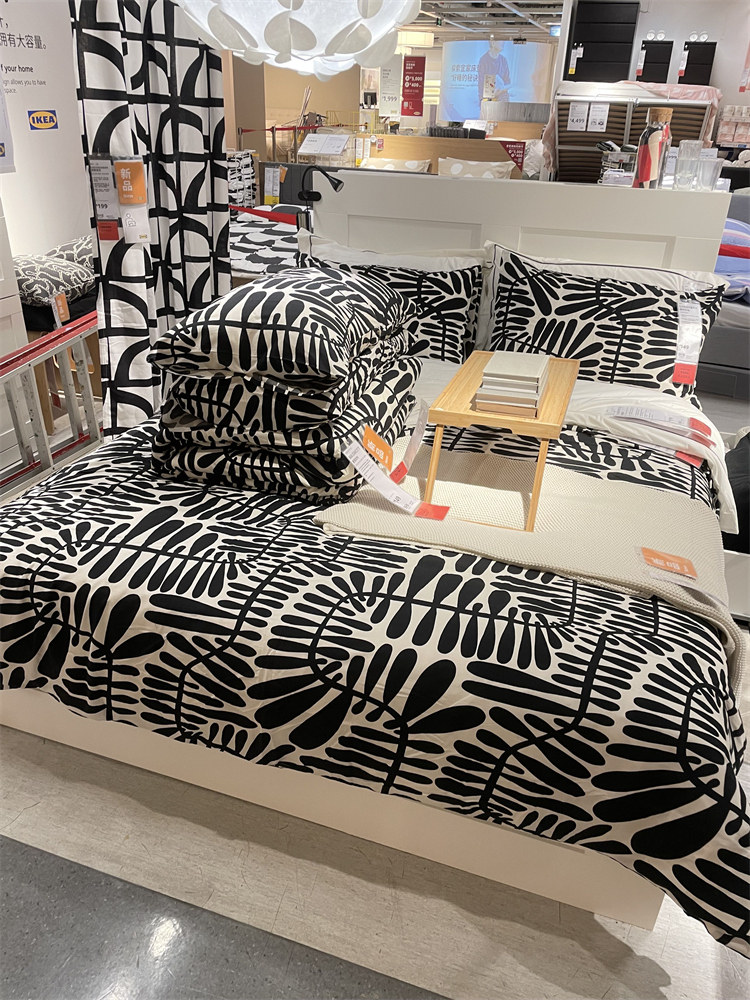 IKEA宜家 麦斯默特 被套和枕套黑色白色树叶图案简约时尚床上被罩