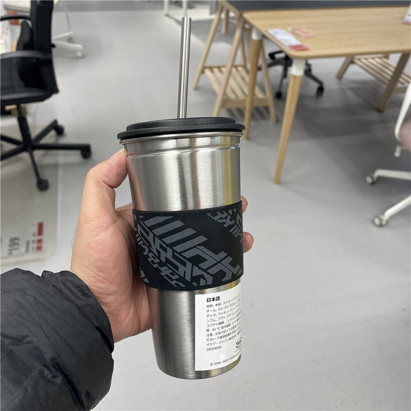 IKEA宜家正品 洛内斯佩 水杯吸管杯网红电竞不锈钢覆盖杯子黑色