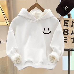 儿童加绒白色卫衣男童简约笑脸冬季中大女童长袖连帽上衣加厚帽衫