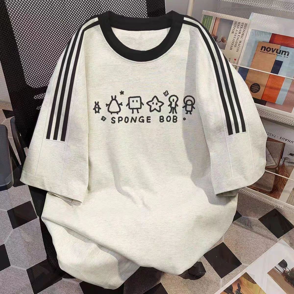 男女童卡通海绵宝宝三条杠短袖t恤夏季新款学生oversize半袖上衣