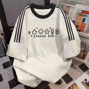 男女童卡通海绵宝宝三条杠短袖 新款 学生oversize半袖 上衣 t恤夏季