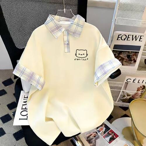 女童夏季超好看格子拼接假两件短袖POLO衫儿童女孩学院风纯棉上衣