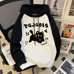 潮牌中大童初中学生加绒慵懒外套 连帽卫衣秋冬新款 女童美式 插肩袖