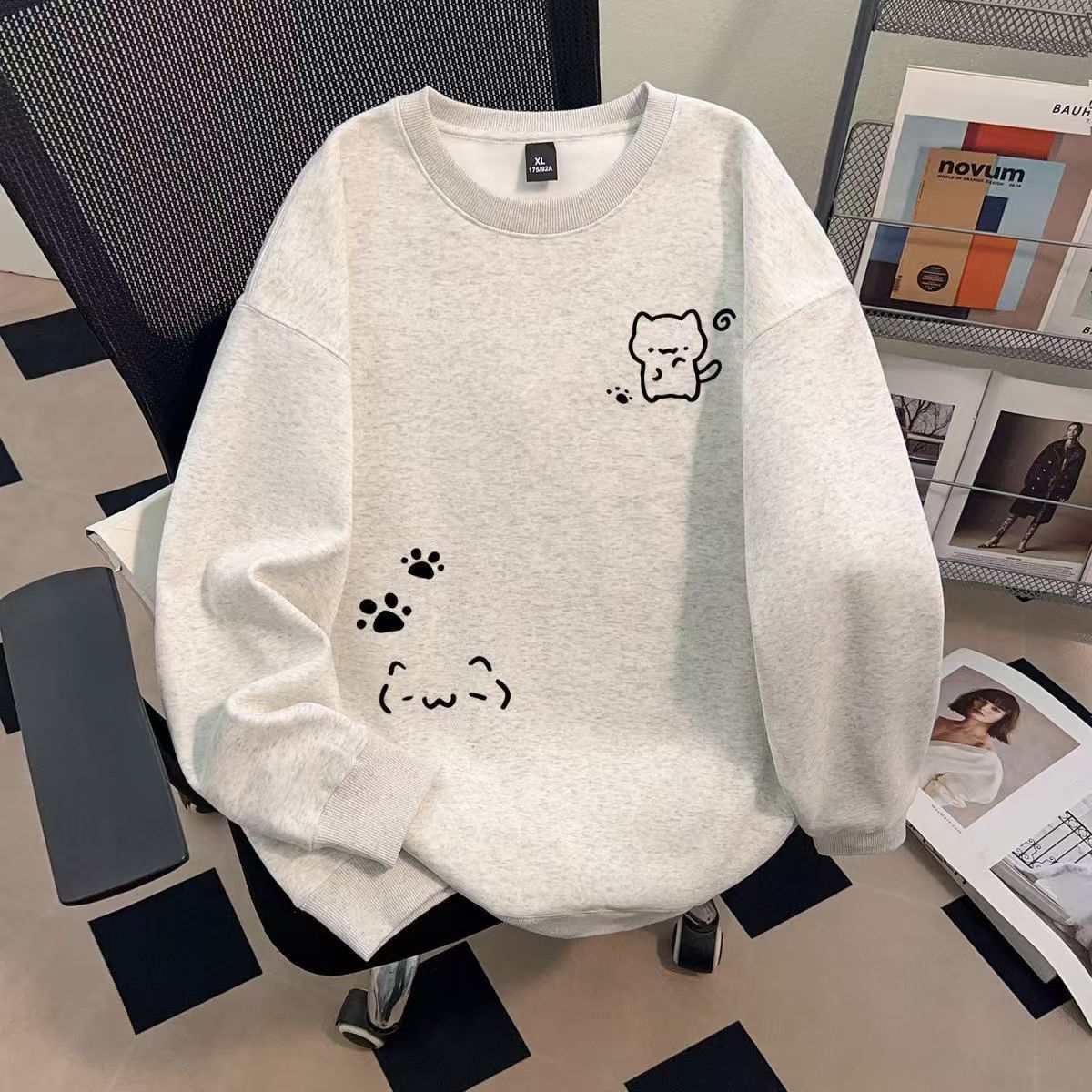 女童美式卡通猫咪印花纯棉卫衣秋冬中大童宽松圆领长袖上衣慵懒风