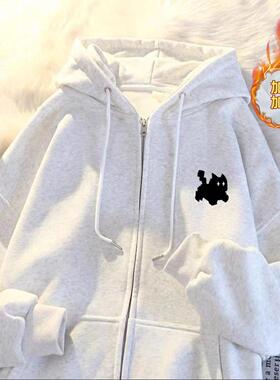 男女童韩范慵懒风白灰色开衫连帽卫衣2026新款春秋中大童薄款外套