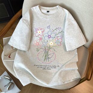 女童美式复古彩色花朵印花纯棉短袖T恤中大童夏季宽松白灰色上衣