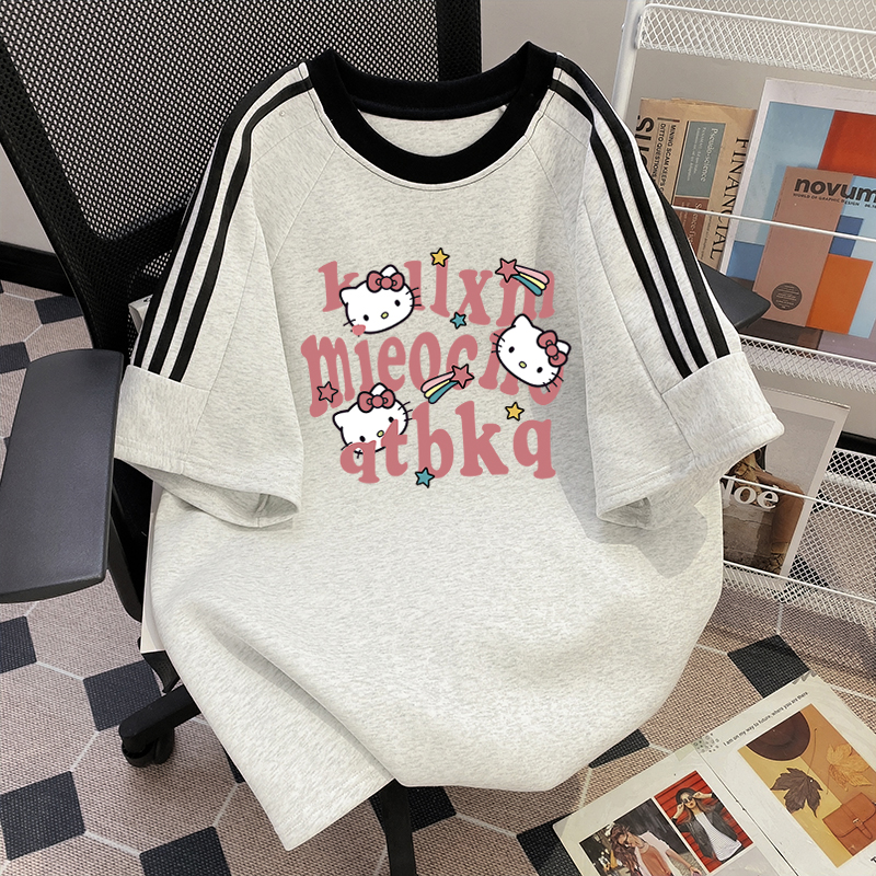 女童卡通凯蒂猫印花三条杠短袖t恤夏季新款学生oversize半袖上衣