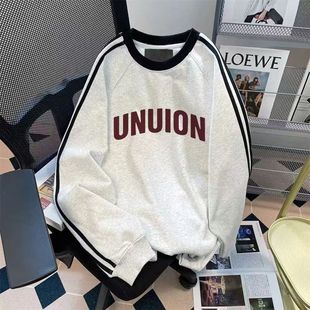 女童春秋美式三条杠卫衣2025秋冬新款中大童宽松潮牌加绒圆领上衣