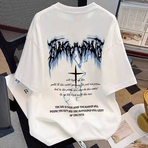 儿童美式高街风落肩袖闪电印花纯棉短袖T恤男女童宽松重磅上衣潮