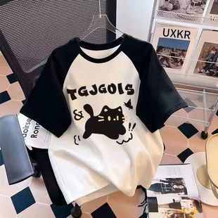 纯棉女童夏季 中大童卡通印花宽松洋气插肩上衣ins 短袖 T恤2025新款