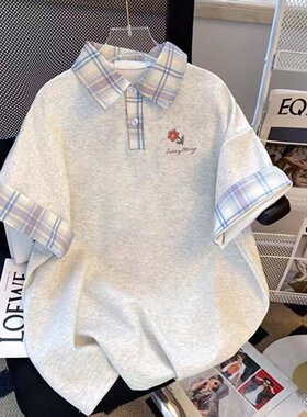 格子拼接POLO领短袖T恤女童2026夏季新款美式复古可爱中大童上衣