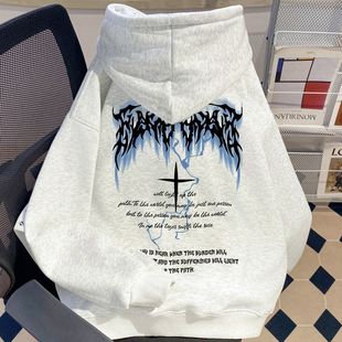 女童美式高街潮牌闪电十字架纯棉连帽卫衣男童秋冬痞帅加绒外套潮