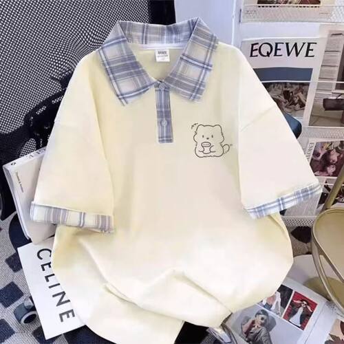 女童POLO衫短袖2026新款中大童夏季格子翻领T恤儿童宽松卡通上衣