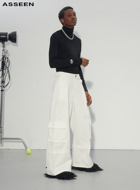 ASSEEN设计师原创低腰oversize白色阔腿工装裤 男女同款