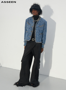 ASSEEN设计师原创重磅水洗杂花牛仔阔型感截短粗花呢夹克明星同款