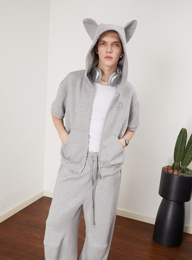 ASSEEN 狗耳朵卫衣 廓形感空气层连帽开衫拉链短袖卫衣 男女同款