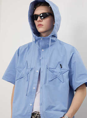 ASSEEN 截短廓形 五角星装饰 显白婴儿蓝短袖连帽衬衫