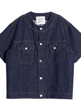 ASSEEN尔幸 立体花朵装饰薄款牛仔短袖衬衫 原色工装牛仔夹克