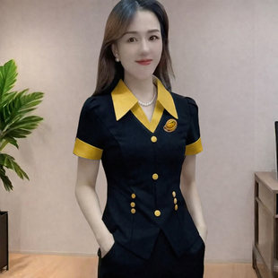 显瘦OL拼接衬衫 修身 领名媛气质短袖 上衣微喇裤 夏季 两件套装 韩版
