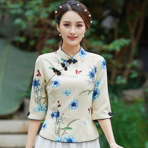 中国风改良时尚修身旗袍女上衣春夏民国风古装唐装汉服茶艺工作服