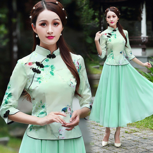 夏季两件套旗袍上衣中式汉服少女唐装中国风改良旗袍茶艺服表演服