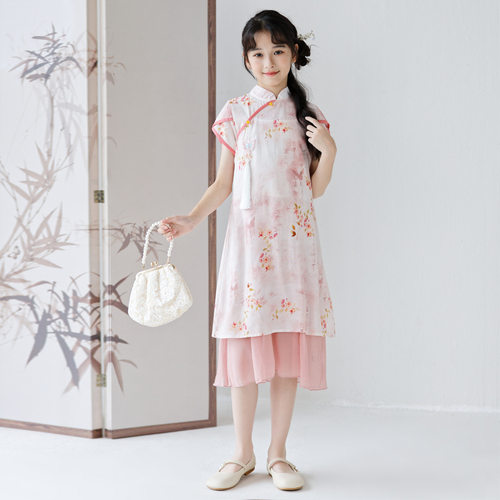 女童夏装旗袍新中式薄款汉服民族中国风唐装中大童连衣裙套装洋气