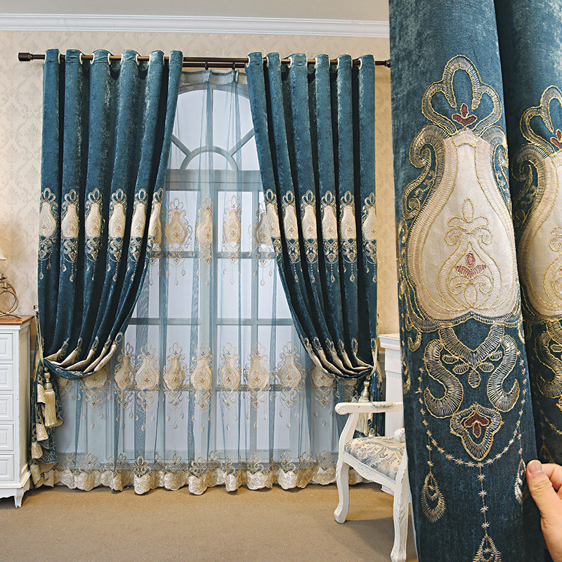 欧式绣花窗帘客厅奢华高档大气卧室遮光成品双面雪尼尔落地窗定制