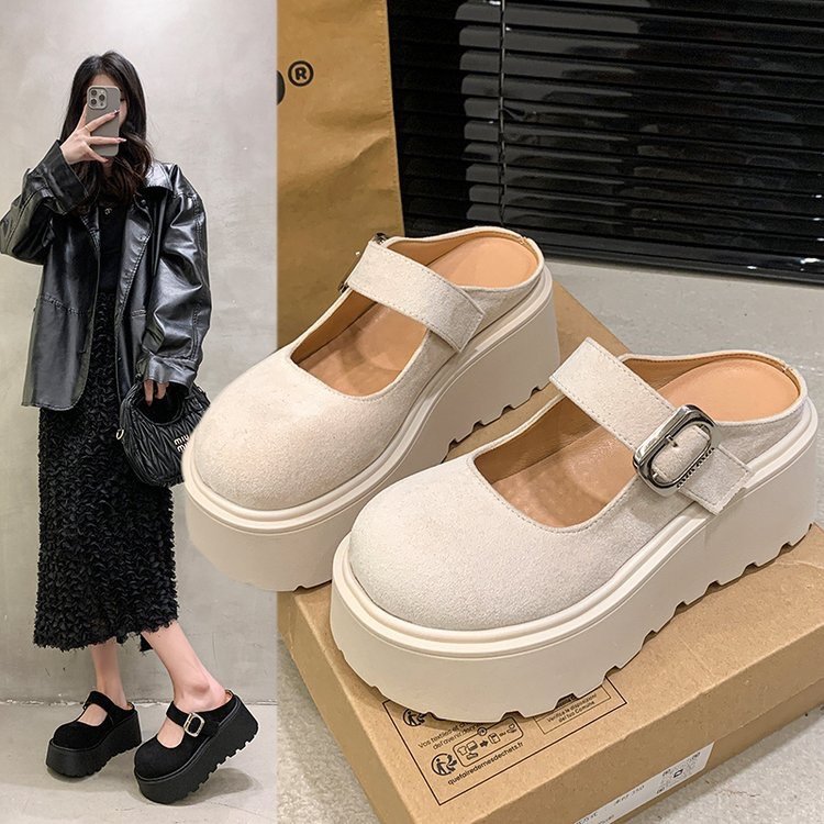 法式复古包头半拖鞋女2025春季新款绒面勃肯鞋厚底增高凉拖鞋外穿
