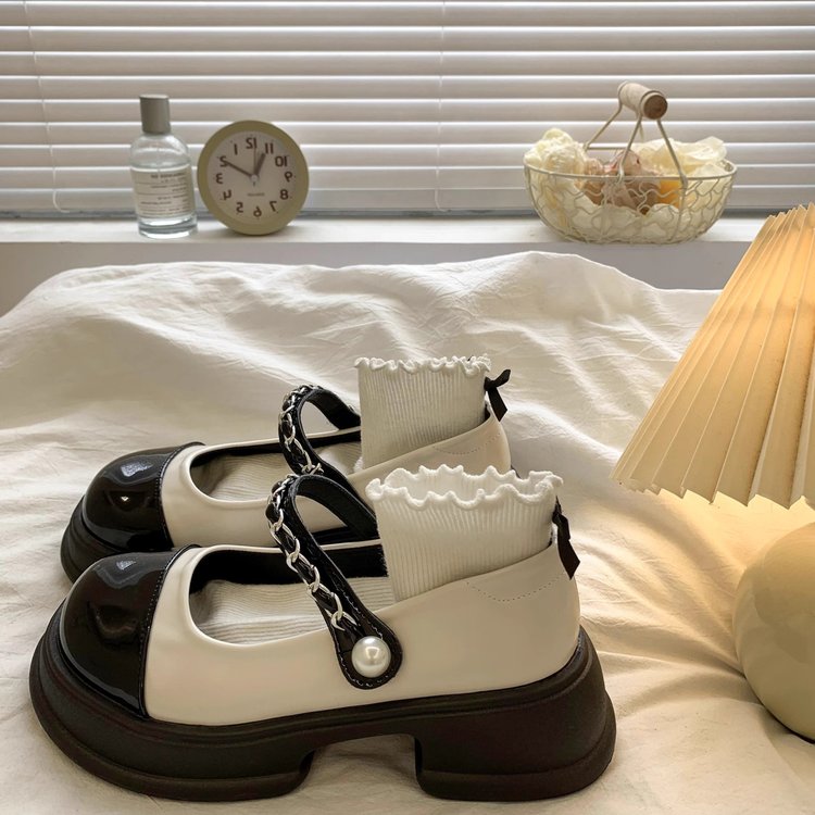 浅口圆头玛丽珍小皮鞋女2025新款四季拼色一字扣厚底粗跟乐福单鞋