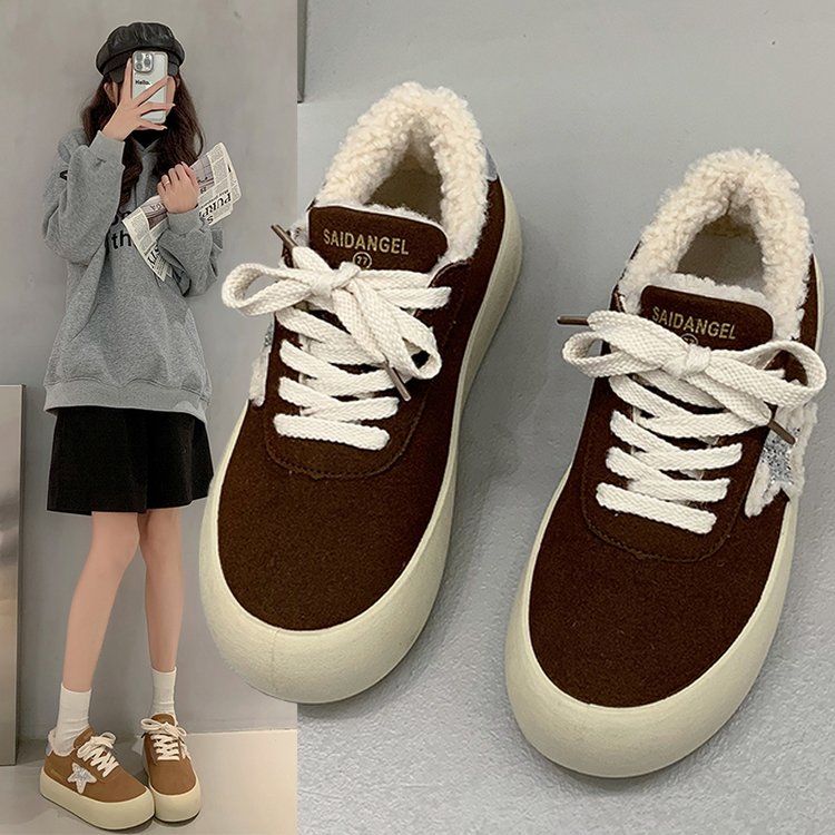 2025秋冬新款复古毛毛鞋磨砂牛皮系带圆头厚底休闲板鞋加绒女鞋子
