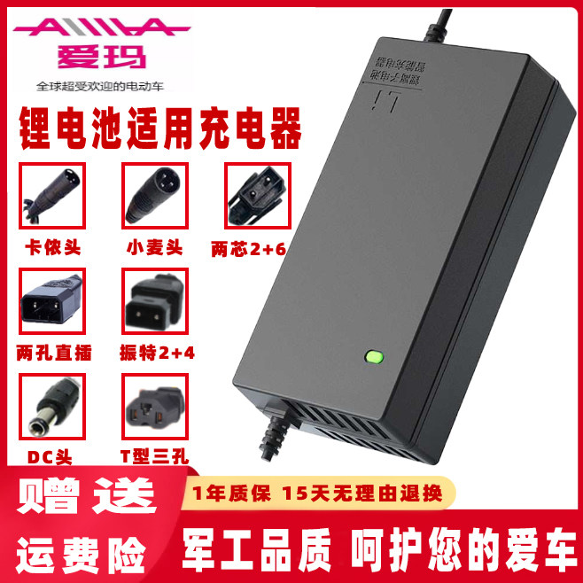 爱玛电动车锂电池充电器48v54.6v2a10a公插新恒2 6小麦头两孔扁针