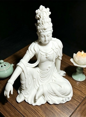 汉白玉水月观自在观音菩萨中式禅意摆件玄关茶桌茶空间艺术装饰品