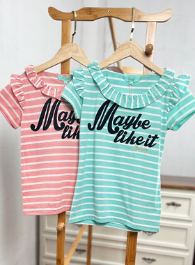 H396-B2童装140-160码 日系儿童圆领短袖T恤女童条纹半袖夏季外贸