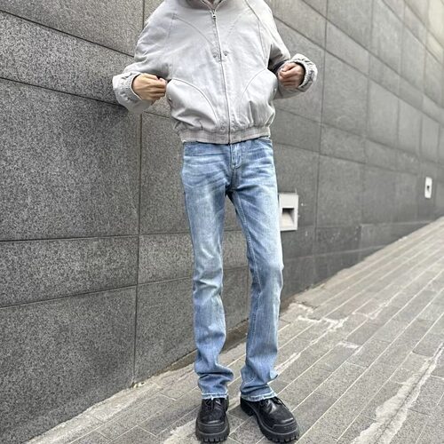 美式高街做旧修身显瘦牛仔裤男