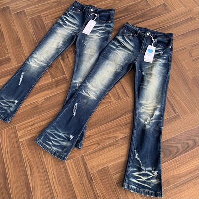 美式复古水洗做旧破洞微喇牛仔裤