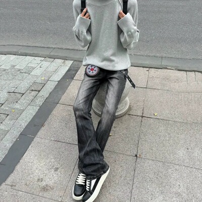 美式高街修身微喇男牛仔裤显瘦