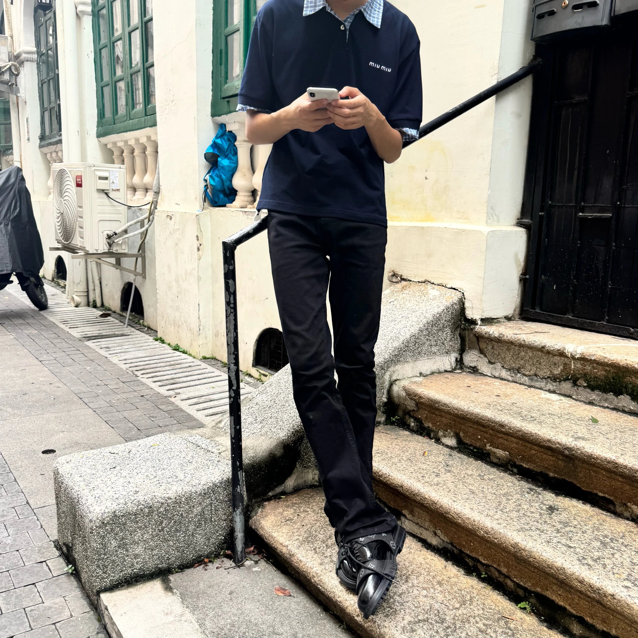 夏季男士深蓝短袖长裤修身两件套