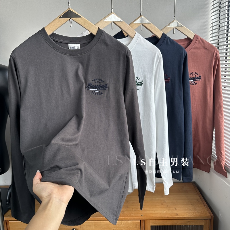 美式复古刺绣长袖T恤男