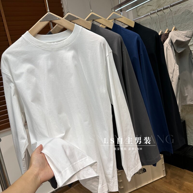 人手一件！客供100棉！秋季外贸男纯色简约百搭基础长袖T恤打底衫