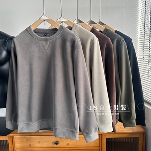 外贸单 绵羊毛混纺加厚奥粒绒 秋冬男士保暖防风圆领长袖套头卫衣