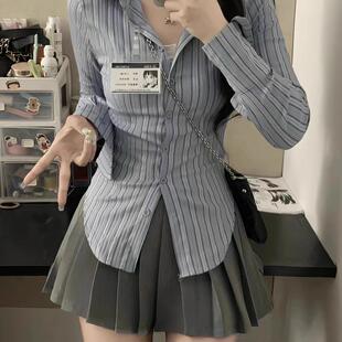jk制服套装裙纯欲条纹格子收腰衬衫女士学院风辣妹美式长袖上衣