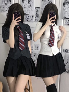 女士短袖 白色衬衣辣妹学院风套装 修身 jk制服衬衫 韩版 收腰灰上衣夏