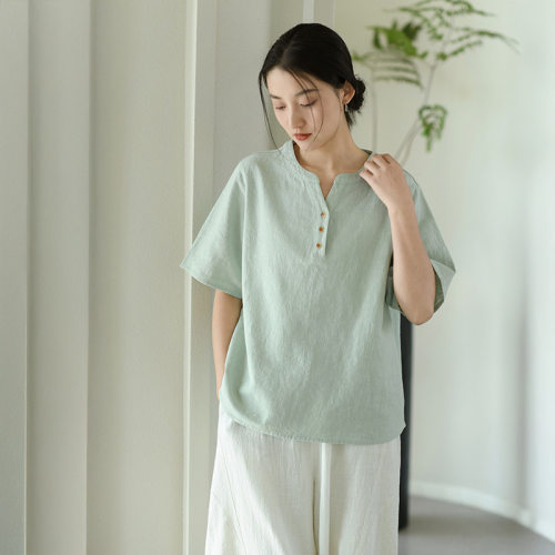 夏季苎麻棉V领宽松透气T恤女