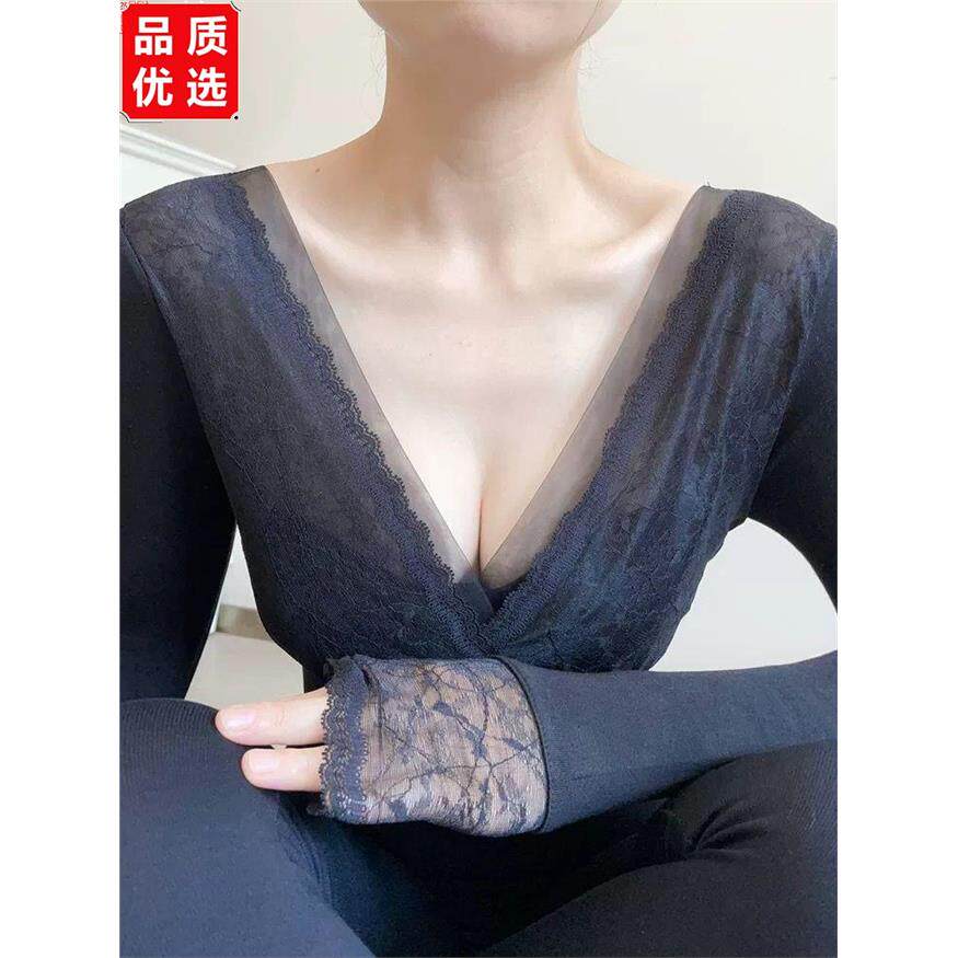 保暖内衣带胸垫女士蕾丝